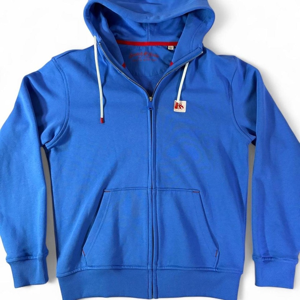 NWOT Blue Scotch & Soda full zip up hoodie with red and white accents. Small